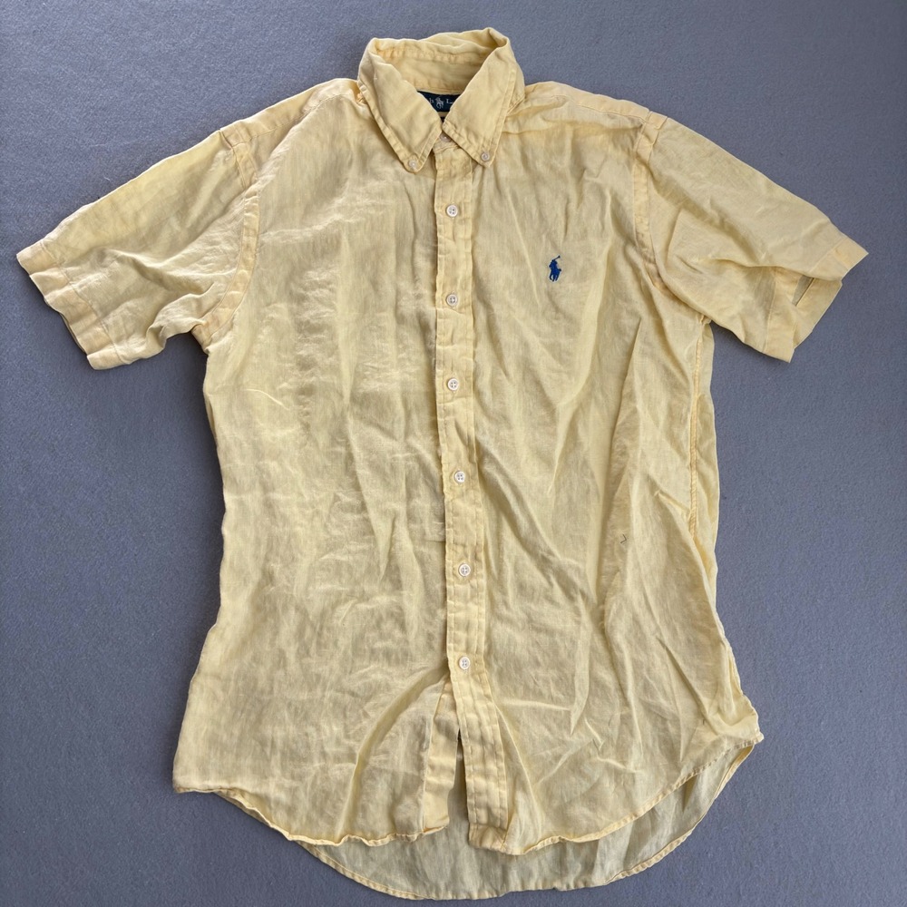 Ralph Lauren Mens Custom Fit Linen Short Sleeve Button Down Shirt Yellow Small
